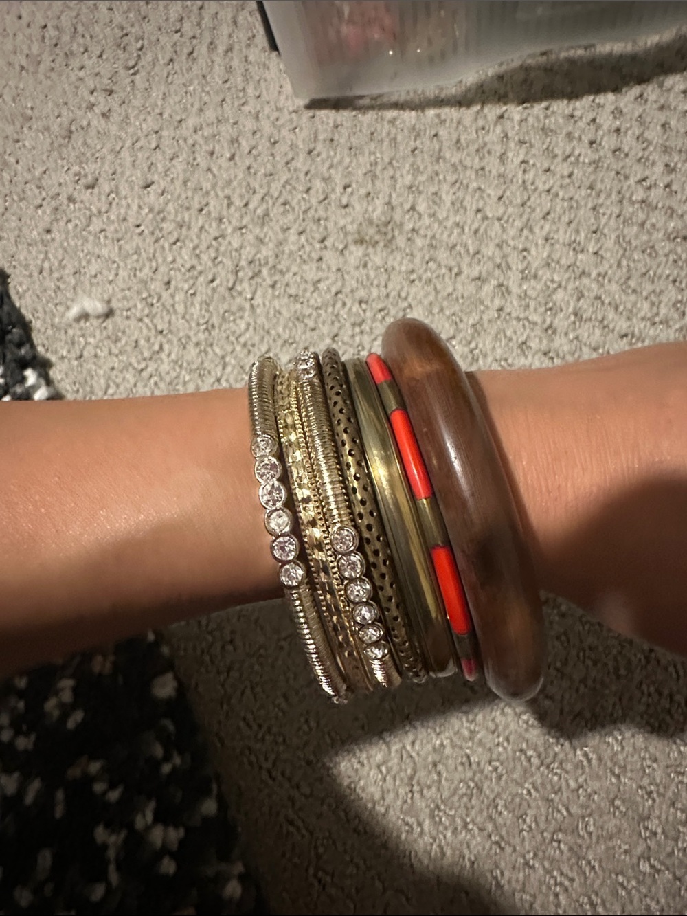 Stacked Gold and Wood Bangle Bracelet Set with Red Accents